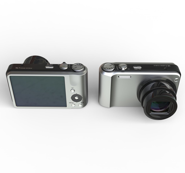 Pequeña cámara plateada sobre fondo blanco - vista frontal y trasera
 - Foto, Imagen