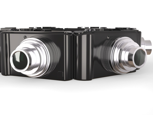 schwarze moderne kompakte digitale Fotokameras mit silbernem Objektiv - Foto, Bild