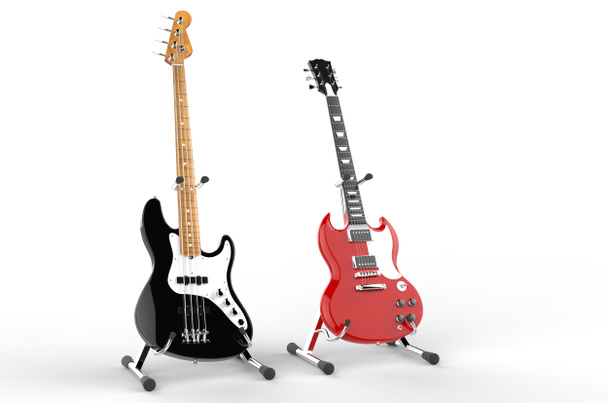 Electric bass and guitar on stands - Photo, Image