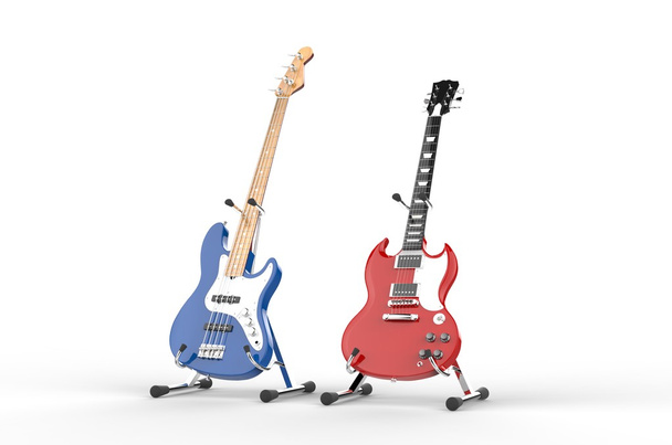 Blue electric bass and red guitar on stands - Photo, Image