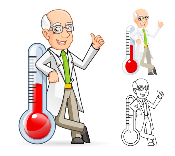 Tudós karikatúra karakter támaszkodva a hőmérséklet - Vektor, kép
