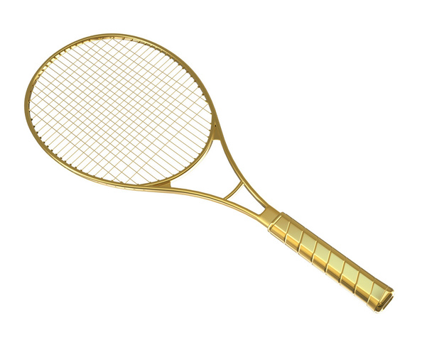 Gold tennis racquet isolated on white background - Photo, Image