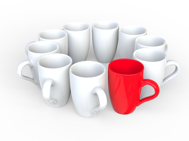 Red coffee mug in a circle of white coffee mugs - Photo, Image