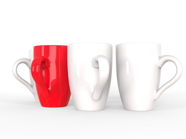 Κούπα κόκκινο καφέ στέκεται από μια σειρά από λευκό κούπες - Φωτογραφία, εικόνα