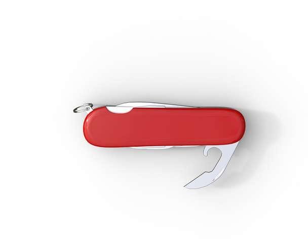 Kırmızı swiss army bıçağı, beyaz zemin üzerine konserve açacağı - Fotoğraf, Görsel