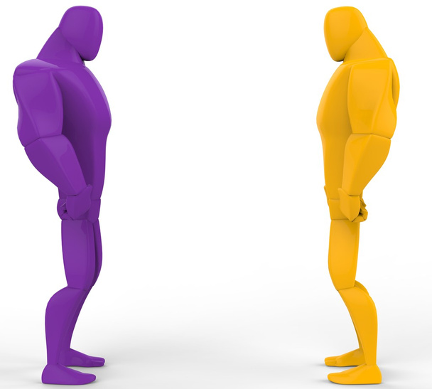 Purple and yellow 3D Strongmen in a stand off. - Photo, Image