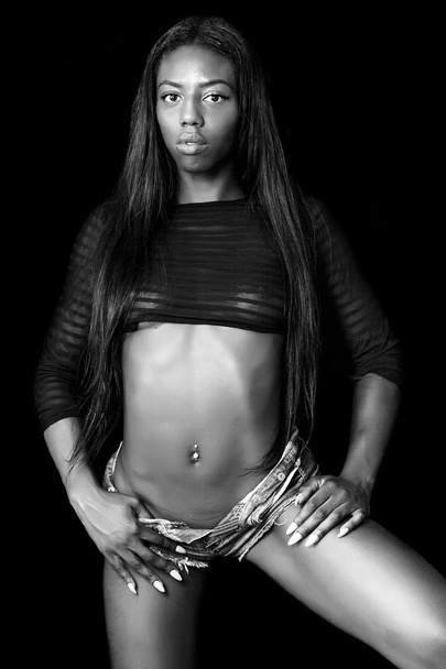 Beautiful and sexy african model portrait black and white - Fotoğraf, Görsel