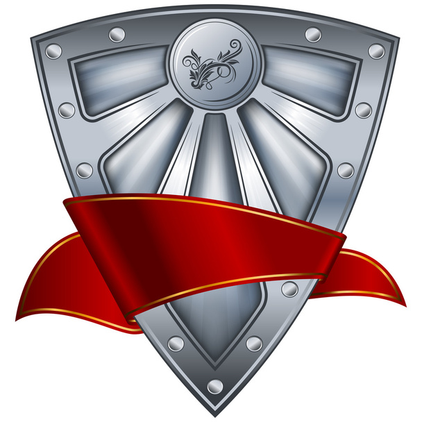 Steel shield with red ribbon - Vektör, Görsel