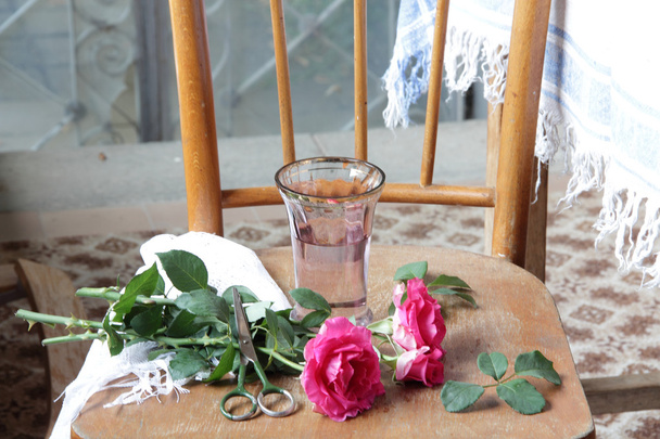Roses, ciseaux et vase avec de l'eau
 - Photo, image