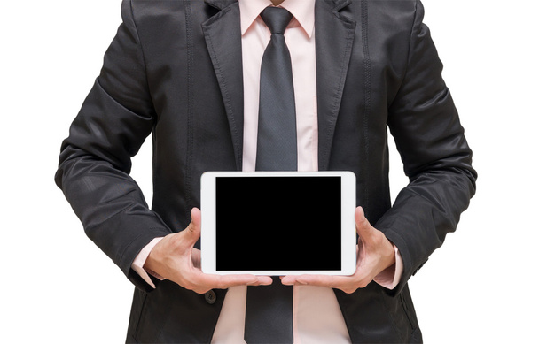 Businessman showing the tablet on white background - Photo, image