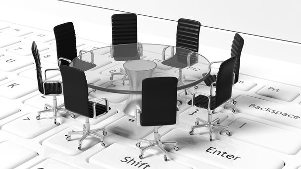Mesa redonda com cadeiras de couro preto em torno dele
 - Foto, Imagem