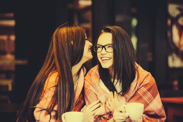 Δύο νέα και όμορφα κορίτσια κουτσομπολεύουν - Φωτογραφία, εικόνα