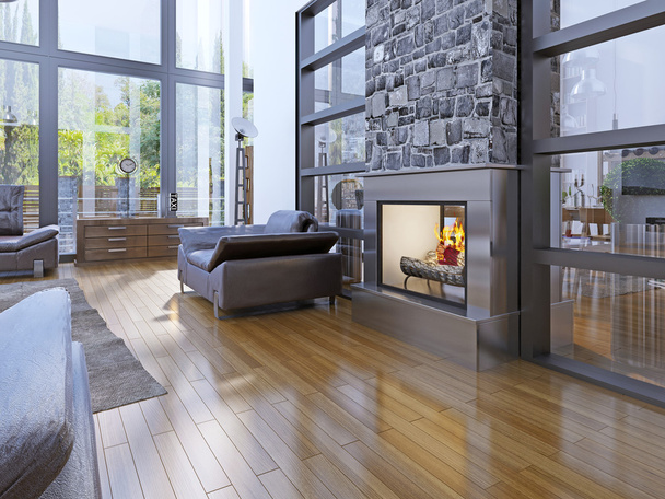 Idea of avant-garde living room with fireplace - Fotó, kép