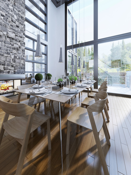 Design lumineux de salle à manger avec fenêtres panoramiques
 - Photo, image