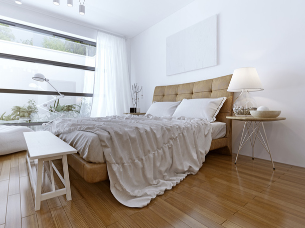 Dormitorio moderno con ventanas de piso a techo
 - Foto, Imagen