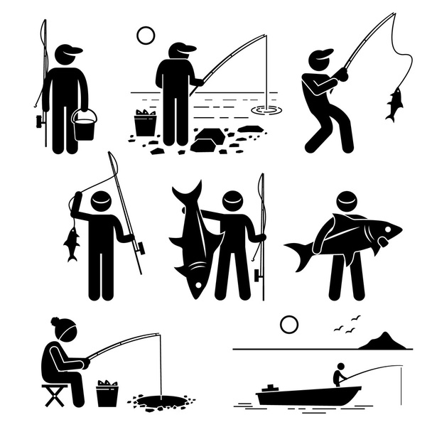 Man fishing big and small fish at river, lake, ice and sea with small boat for recreation. - Vector, Image