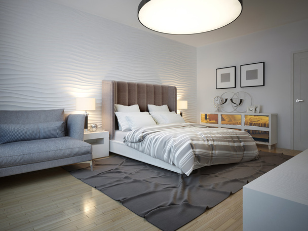 Schlafzimmer Art-Deco-Stil mit großer Deckenlampe - Foto, Bild