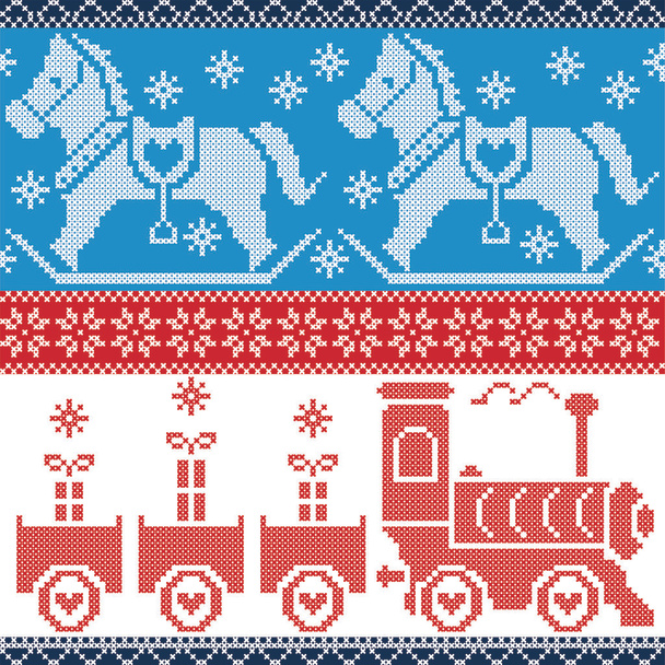 Blue , red , and white  Scandinavian seamless Nordic pattern with gravy train, Xmas gifts, hearts, rocking  pony horse, stars, snowflakes in red cross stitch - Vector, Image