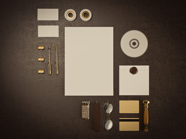 Set of identity elements on brown leather background - Foto, Bild