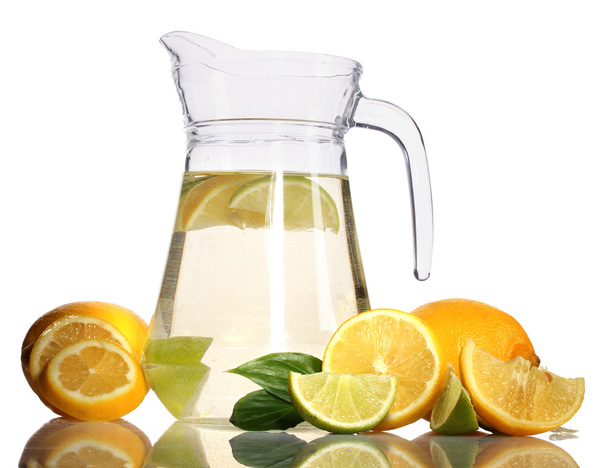 Pitcher of lemonade, lime and lemon isolated on white - Fotoğraf, Görsel