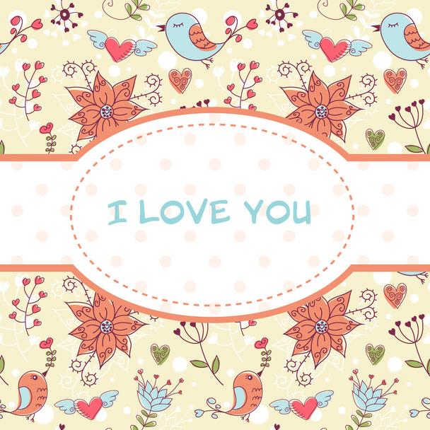 Lovely invitation postcard with birds and flowers - Vector, afbeelding