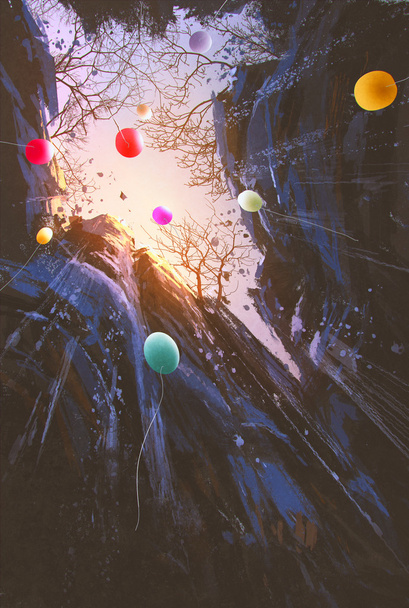Farbige Luftballons schweben in den Himmel, umgeben von den Klippen - Foto, Bild
