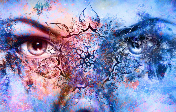 Niebieski bogini kobiet oko, multicolor tło z mandali orientalne ornament. kontakt wzrokowy. - Zdjęcie, obraz