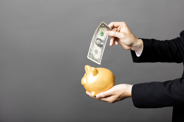 business man  putting cash dollars into  piggy bank - Foto, afbeelding