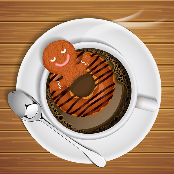 ホット チョコレートのカップには、ドーナツと生姜のパン - ベクター画像