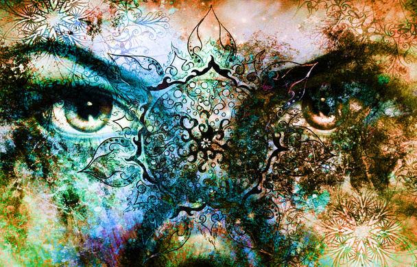 глаза богини женщины, многоцветный фон с восточным орнаментом мандалы. зрительный контакт
. - Фото, изображение