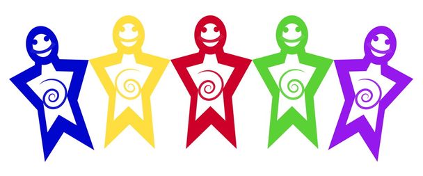 ilustración cinco hombres alegres coloridos formas simples que sostienen ha
 - Vector, imagen
