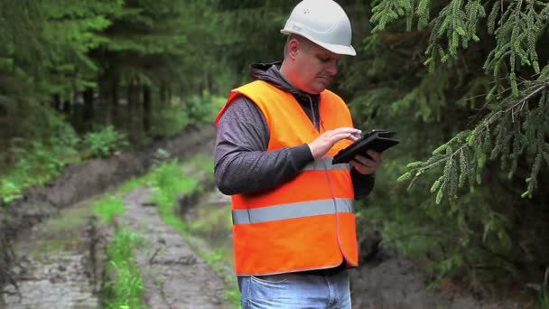 Metsävirkailija työskentelee tabletin PC: n kanssa kireällä metsätiellä
 - Materiaali, video