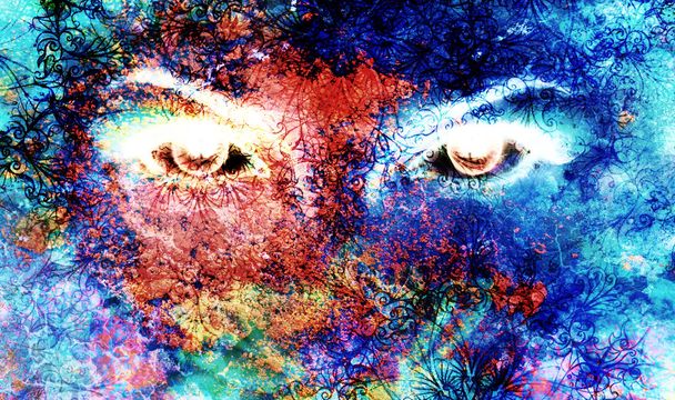 diosa ojo de mujer, fondo multicolor con ornamento mandala oriental. contacto visual
. - Foto, Imagen