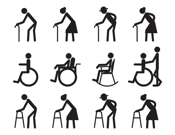 odchod do důchodu, staří lidé a pacient, sadu ikon cripple - Vektor, obrázek