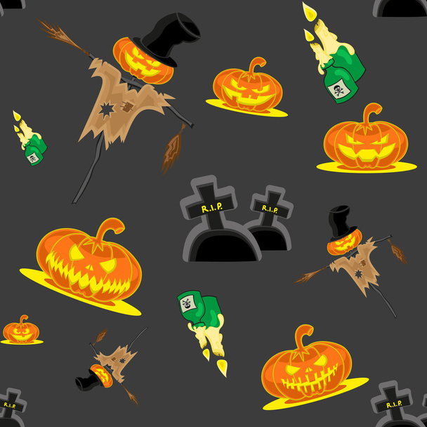 Vettore senza soluzione di continuità sfondo Halloween kit spaventapasseri, zucche, candele, tombe e croce
 - Vettoriali, immagini