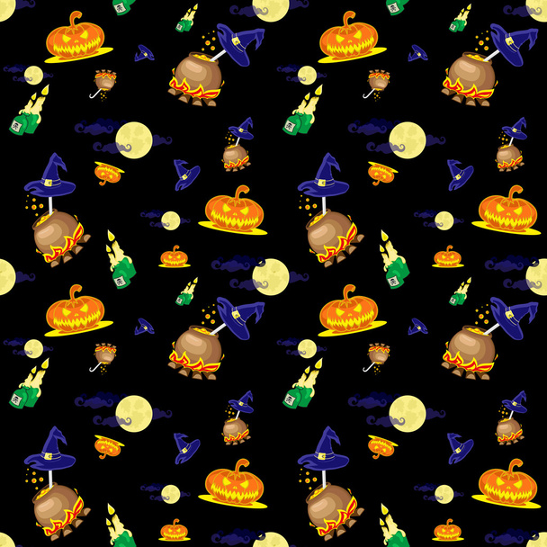 Sfondo vettoriale senza soluzione di continuità con elementi di design: zucche di Halloween, candele, calderone e luna isolati su sfondo nero
 - Vettoriali, immagini