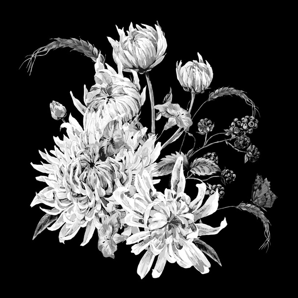 Carte florale vintage monochrome avec chrysanthèmes
 - Vecteur, image