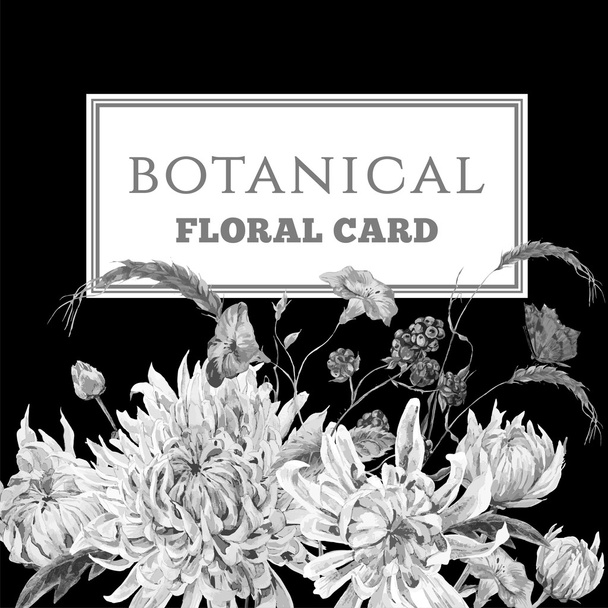 Monochrome Vintage Floral Card with Chrysanthemums - Vector, Image