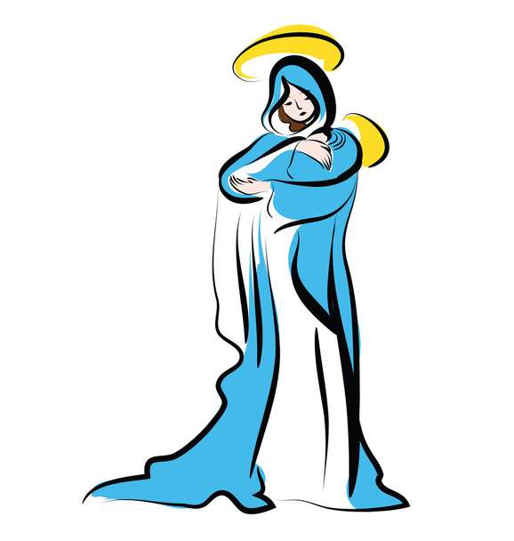 Virgem Maria com criança no braço - ilustração vetorial. Nossa Senhora e o Menino Gráfico.Virgem Maria e o Menino Jesus no Natal
. - Vetor, Imagem