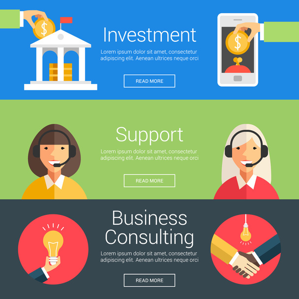 Investment. Support. Business Consulting. Flat Design Vector Illustration Concepts for Web Banners and Promotional Materials - Vector, Imagen