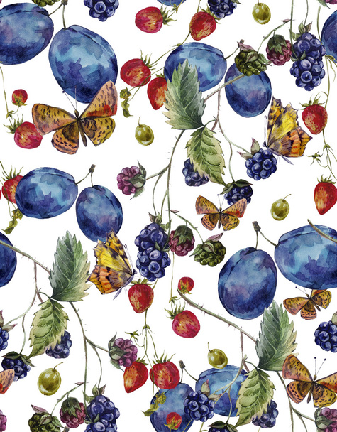Autumn harvest watercolor seamless pattern with fruits and butte - Foto, Imagem
