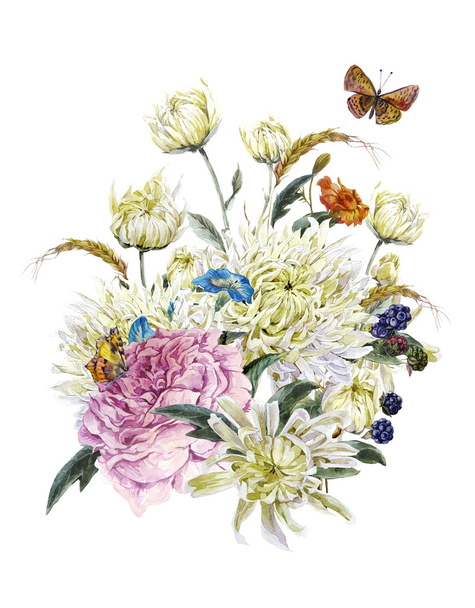 Watercolor Card with Chrysanthemums - Photo, Image