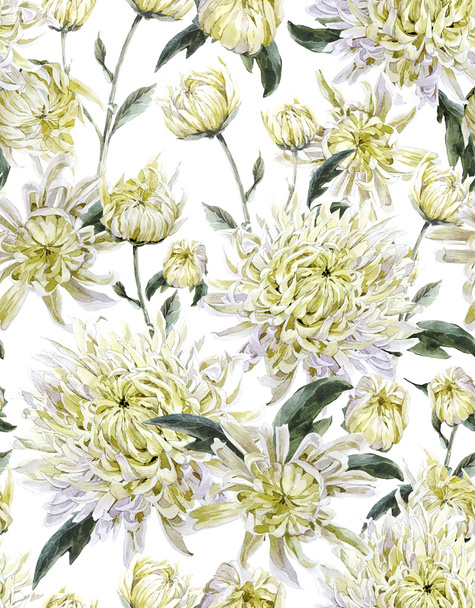 Vintage Watercolor Floral Seamless Background  with Chrysanthemu - Photo, Image