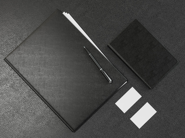 Folder and office supplies on brown leather - Fotoğraf, Görsel