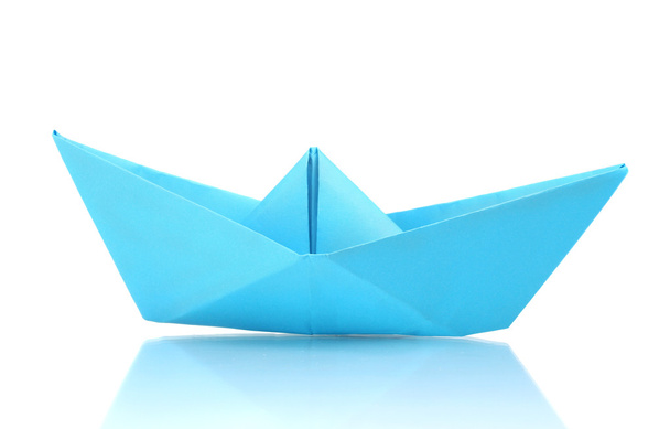 Origami boat out of the blue paper isolated on white - Fotografie, Obrázek