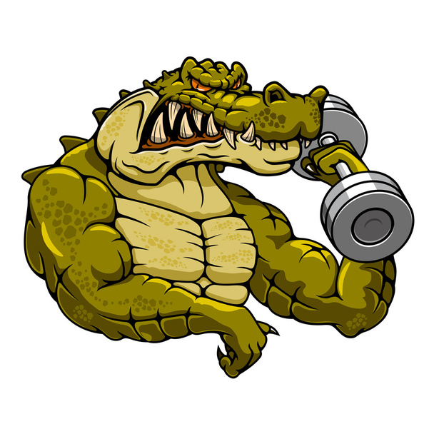 Cartoon crocodile mascot with dumbbell - Vektör, Görsel