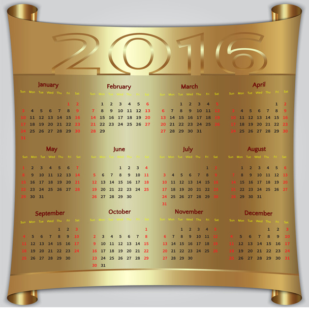 Διάνυσμα ημερολόγιο για το έτος 2016, χρυσό μεταλλικό κύλισης - Διάνυσμα, εικόνα