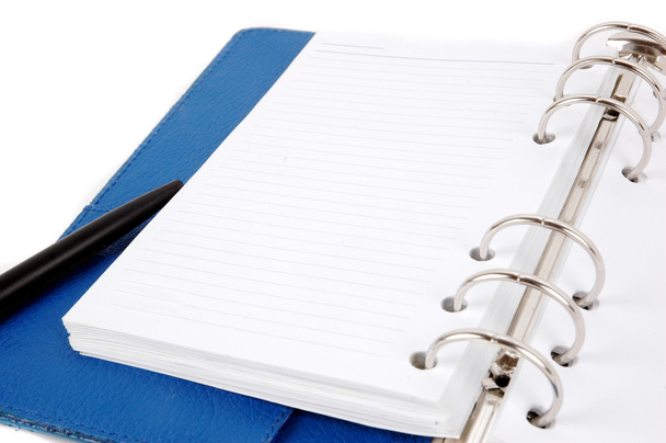 Відкритий блакитний шкіряний блокнот і чорна ручка
 - Фото, зображення