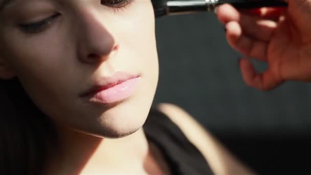 Professional make-up. Close-up of blush being applied on cheekbones - Video, Çekim