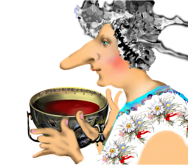 anciana con una nariz larga bebiendo té
 - Foto, Imagen